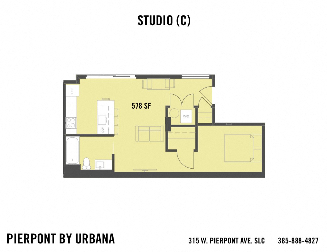 Floor plan for studio, 1 bath, 578 sqft